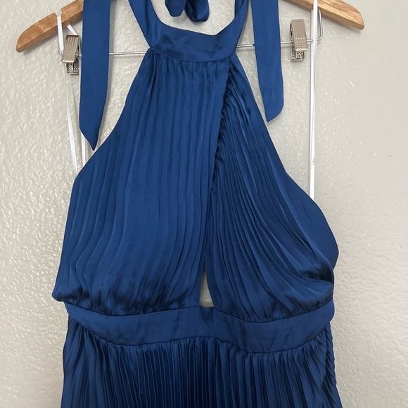 NWOT Midnight Moves Navy Blue Pleated Satin Cutout Halter Maxi Dress - Picture 6 of 8